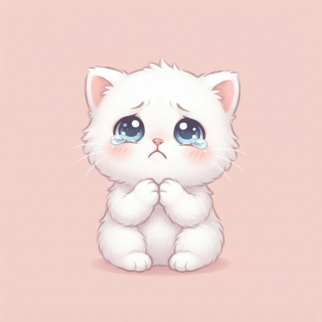 A little cartoon kitten looking up with teary, apologetic eyes